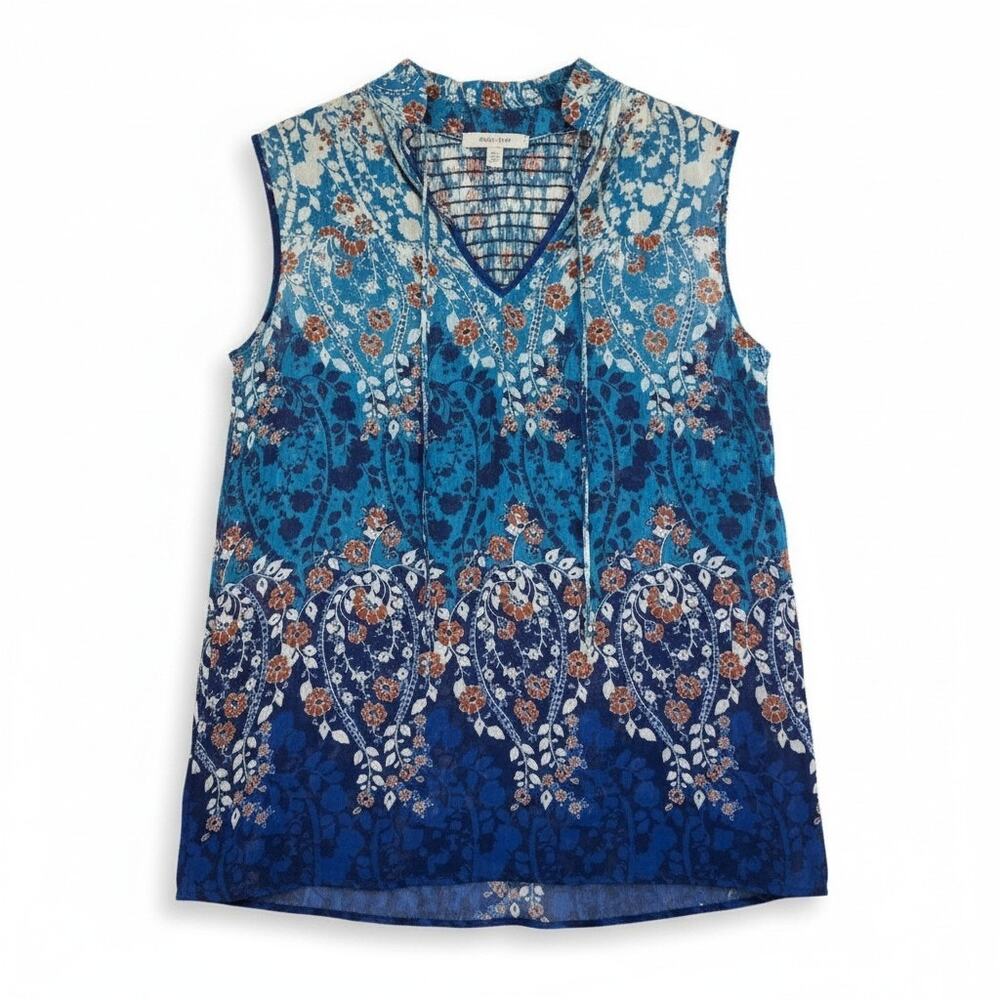 LILY WHITE Womens Sleeveless Smocked Blouse Tank Top Floral Blue S Fairy Cottage